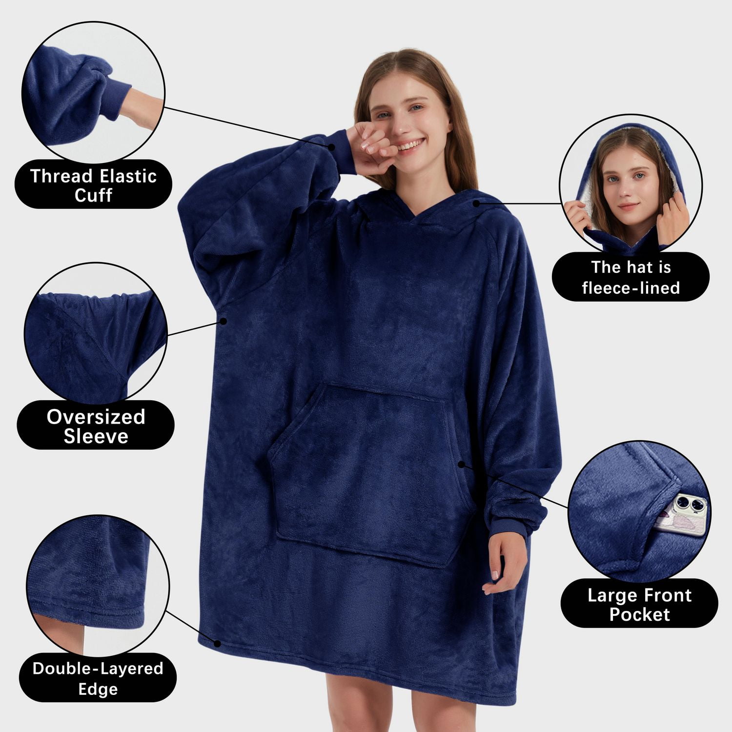 Sweat à capuche portable Marina Decoration avec manches et poche géante, couverture à capuchon surdimensionnée en peluche confortable pour adultes