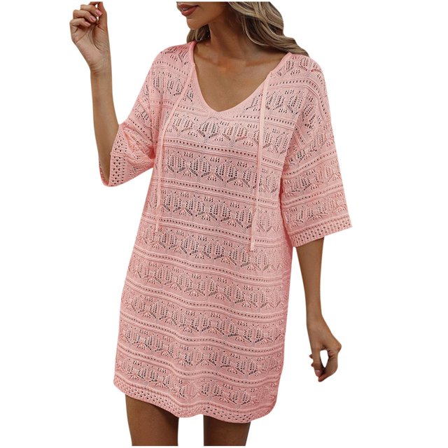 Birdeem Womens Summer Solid Color Hollow Out Vacation Beach Dress Sun Protection Blouse