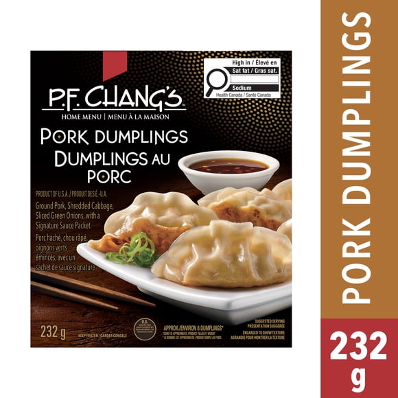 Dumplings au porc P.F. Chang's Menu à la maison, Porc Haché, Chou Râpé, Oignons Verts Émincés, Avec Un Sachet De Sauce Signature 232g