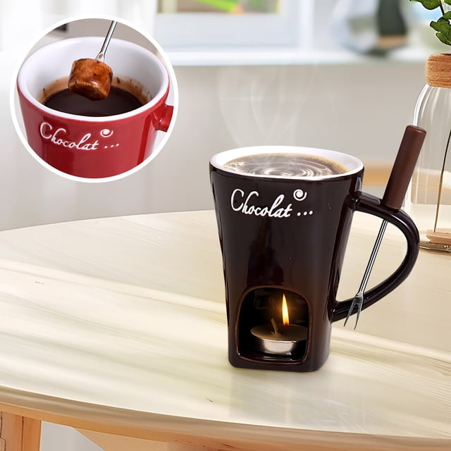 Cagogo under $5 Chocolate Fondue Pot, Chocolate Fondue Ceramic Pot, Cheese Melting Candle Warmer, Fondue Set with Forks, Home Dessert Melting Pot, Romantic Dinner Fondue Set
