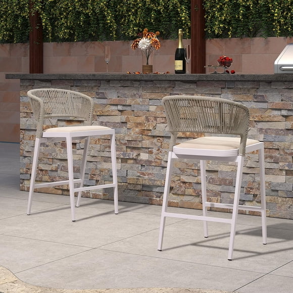 PURPLE LEAF Tabourets de Comptoir Hauteur Comptoir Ensemble de 2 Tabourets de Bar Modernes en Aluminium Rotin Osier pour l'Extérieur avec Dossier et Coussin pour Cuisine Pelouse Piscine Chaises de Bar, Blanc