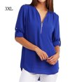 thumbnail image 1 of facefd Femmes pour Décoration de Fermeture Éclair devant Col en V Manches Courtes Chemise Bleu 3TG, 1 of 2