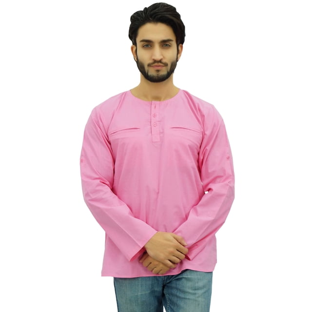 Atasi Kurta pour Homme à Col Rond en Coton, Manches Retroussables, Chemise Rose Bébé - X-Grand