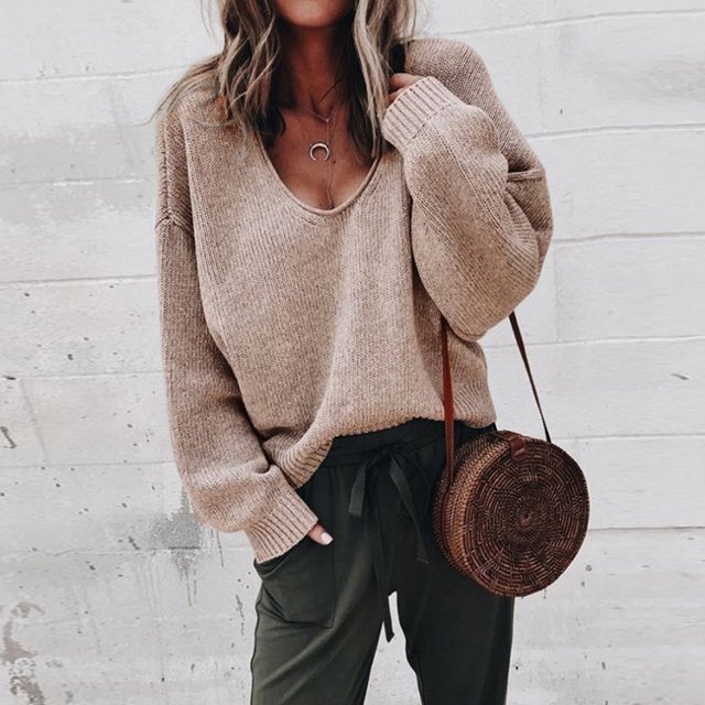 RKSTN Sweaters for Women Fashion V-neck Loose Pullover Color Long Sleeves Sweater Tops Fall Sweaters