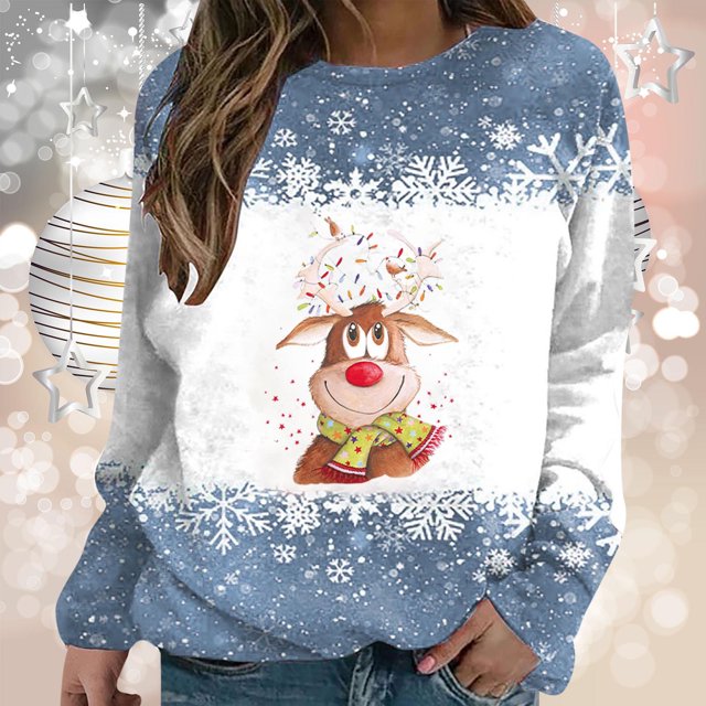Chemises pour Femmes, Chemise de Noël à Manches Longues, Col Rond, Décontractée, Ample, Imprimé Élan, Chandail, Manches Longues, Tendance, en Liquidation