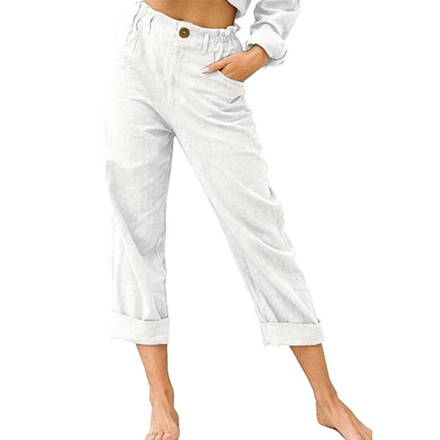 Penkiiy Pantalon Capri Décontracté pour Femme à Taille Élastique, Blanc, 2TG