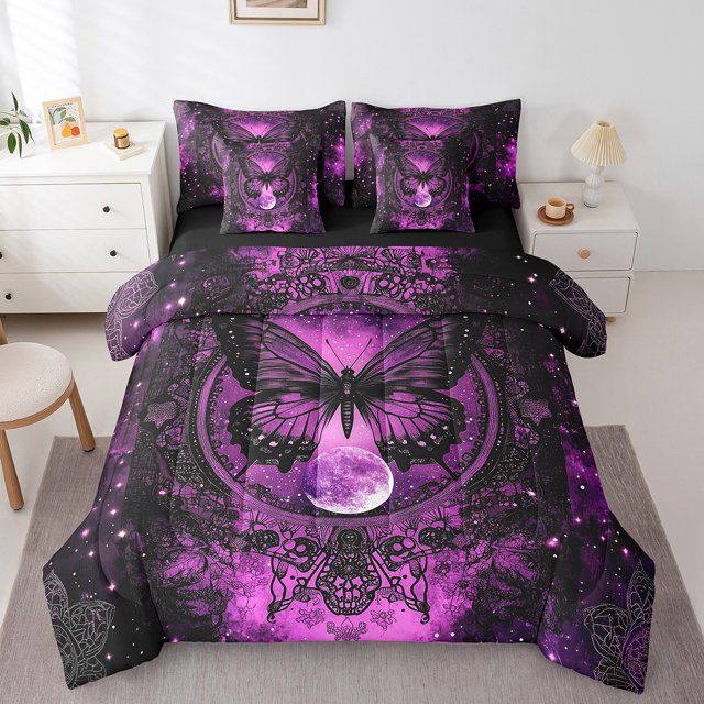 Erosebridal Ensemble de Literie Gothique Papillon Format Grand, Ensemble de Lit Mandala Bohème, Noir Rose, Réversible 7 Pcs