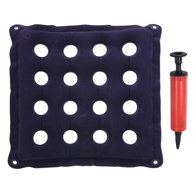 Unique Bargains Inflatable Seat Cushion, Portable Chair Pad Breathable Back Seat Pad in blue, featuring a square design with small ring-shaped holes for even weight distribution. Made of flocked material, it measures 43 x 43 cm (17 x 17 inches) when inflated and 48 x 48 cm (19 x 19 inches) when deflated. Includes a red hand pump for easy inflation and deflation. Suitable for home, office, travel, and various seating needs.