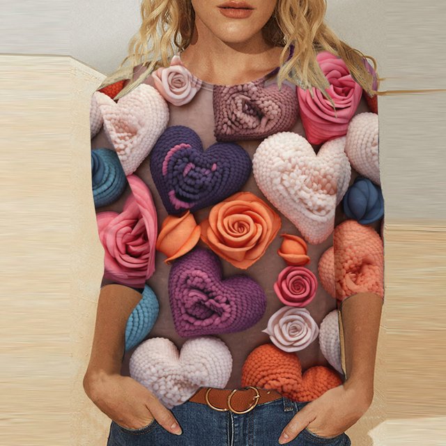 Qertyioot Chemise Ample à Manches 3/4 pour Femmes T-shirts Imprimés de la Saint-Valentin pour Femmes Blouse Col Rond Hauts Décontractés