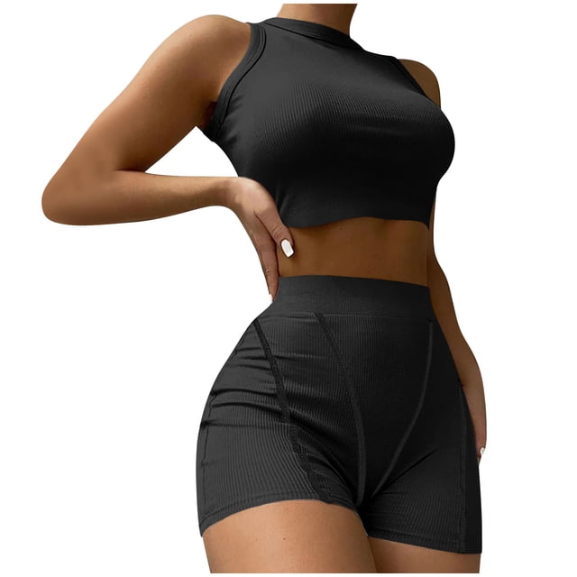 Workout Outfits for Women 2 Piece Ribbed High Waist Biker Shorts with Tank Crop Tops Exercise Set Yoga Outfit Tracksuits