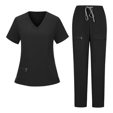 Amzcrzy Scrubs for Women Set V Neck Short Sleeve Scrubs Tops Elastic Waist Drawstring Pants Workwear Solid Color Working Uniform with Pockets