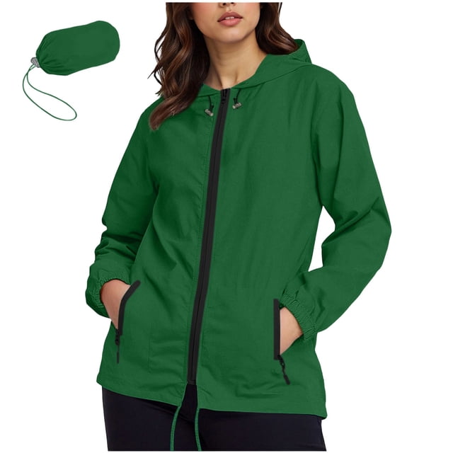 Rainproof Jacket for Women Waterproof Polyester Hooded Raincoat with Zipper Closure and Front Pockets, Military Green