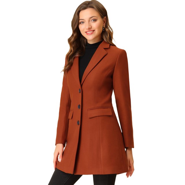 INSPIRE CHIC Manteau pour Femme Couleur Unie Revers Cranté Simple Boutonnage Caban d'Hiver Rouge Brique m