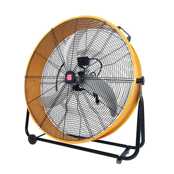 Industrial High Speed Drum Fan 24 30 inch, Heavy Duty Metal Floor Fan 4885 7063 CFM, 3 Speed 360 Degree Tilt for Warehouse Garage Workshop Gym, Yellow