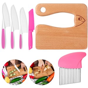 Enfants Couteaux de cuisine 6Pcs Couteau de cuisine pour enfants multifonctions - Kit de couteau avec couteaux en plastique Serré Couteaux en bois Cutter de pomme de terre Couteux plat pour la cuisine à domicile pour enfant
