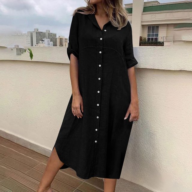 Jusqu'à 65 % de Rabais! Robes d'Été à la Mode pour Femmes 2024 Grande Taille Manches Mi-Longues Col en V Bouton Robe de Couleur Robe Longue