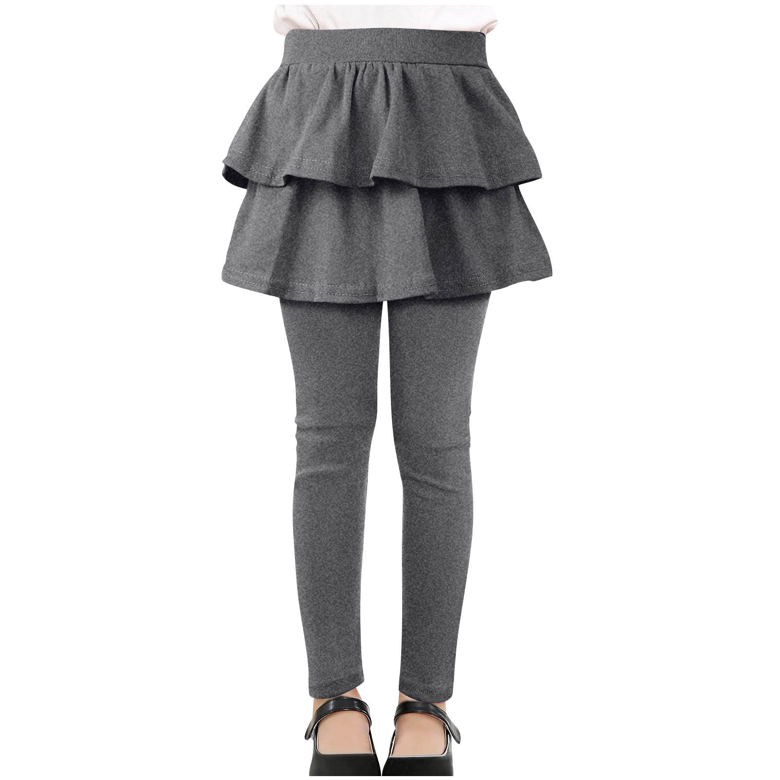 VINUSLI Girls Skirted Leggings Ruffle Stretchy Athletic Legging with Skirts Elastic Solid Warm School Uniform Pants Gray,7 Years