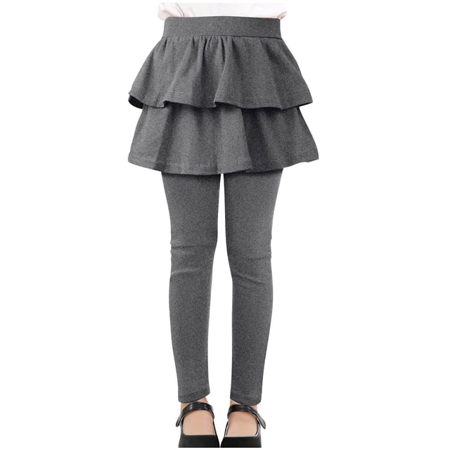 VINUSLI Girls Skirted Leggings Ruffle Stretchy Athletic Legging with Skirts Elastic Solid Warm School Uniform Pants Gray,7 Years