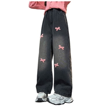 Yammkia Jeans pour Filles Taille Haute Jeans pour Filles Bas Évasé Jeans à Nœud pour Ados Taille Haute Mignon Pantalon en Denim Extensible Taille 11-12 (Noir, 11-12 Ans)