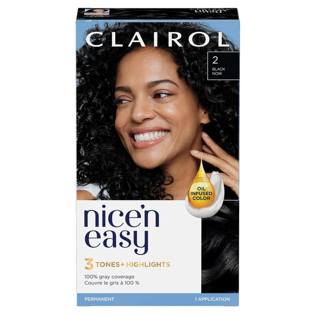 Clairol Nice'n Easy Teinture Capillaire Permanente Teinte 2 Noir avec Crème Colorante Infusée d'Huile Qui Crée 3 Tons et Mèches pour des Cheveux d'Apparence Naturelle. Offre une Couverture 100 % des Cheveux Gris en une application, Montrée avec des Cheveux Noirs Bouclés sur la Boîte.