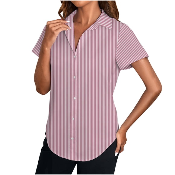 Striped Shirt for Women Dressy Casual Button up Shirts Summer Short Sleeve Work Tops Business Office High Low Blouses, Pink, L