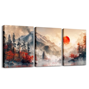 YST Framed Canvas Prints Mount Fuji Wall Art Japanese Mountain In Sunrise Poster Prints Modern Nature Landscape Pictures Oil Painting Canvas Wall Art Nature Scenery Wall Decor 12"X16"X3Pcs