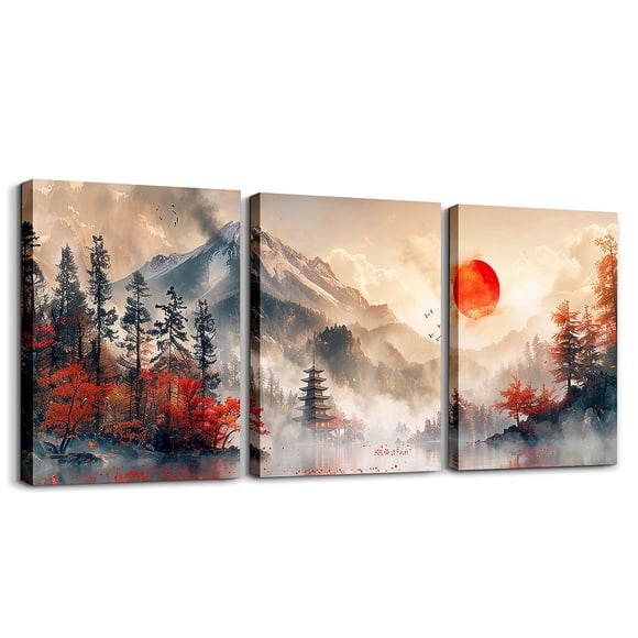 YST Framed Canvas Prints Mount Fuji Wall Art Japanese Mountain In Sunrise Poster Prints Modern Nature Landscape Pictures Oil Painting Canvas Wall Art Nature Scenery Wall Decor 12"X16"X3Pcs