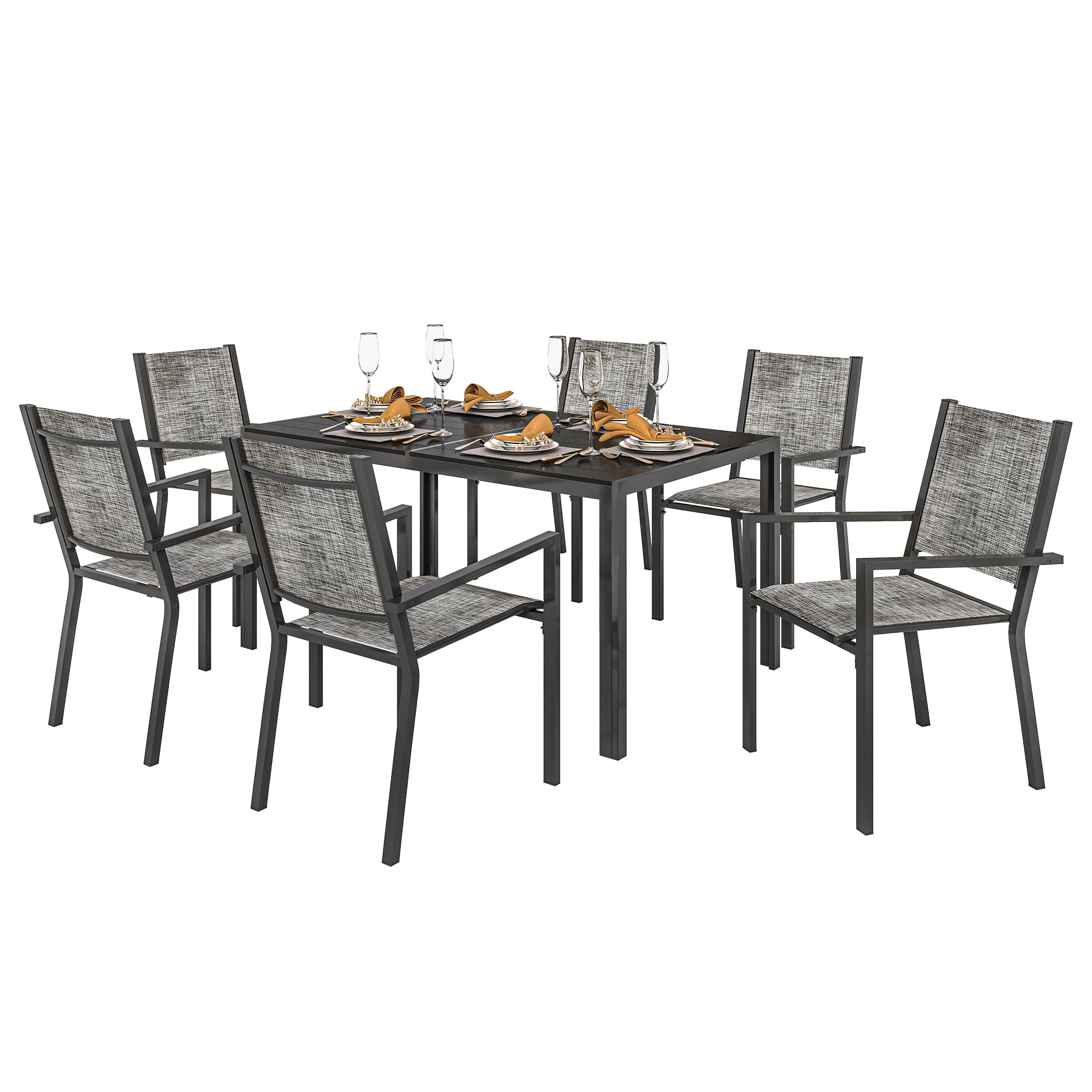 Outsunny Ensemble de Salle à Manger d'Extérieur 7 Pcs avec 6 Chaises Empilables et Table Rectangulaire