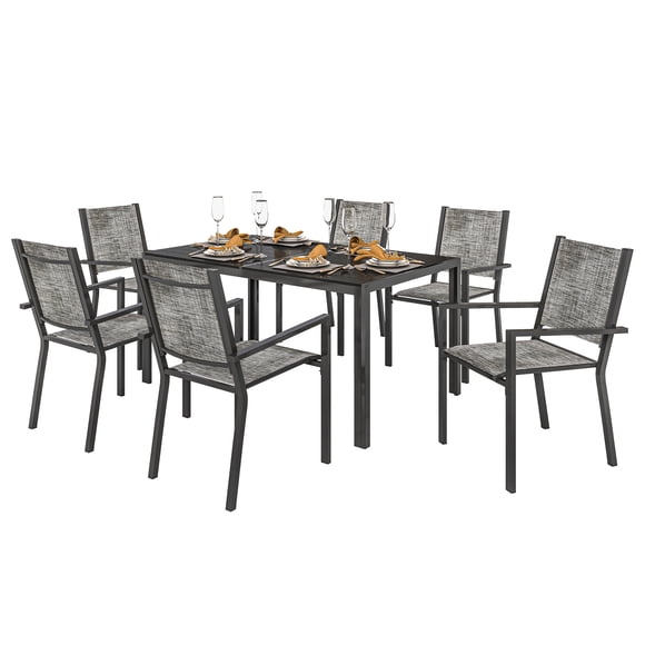 Outsunny 7 Piece Outdoor Dining Set w/ 6 Stackable Chairs & Rectangle Table