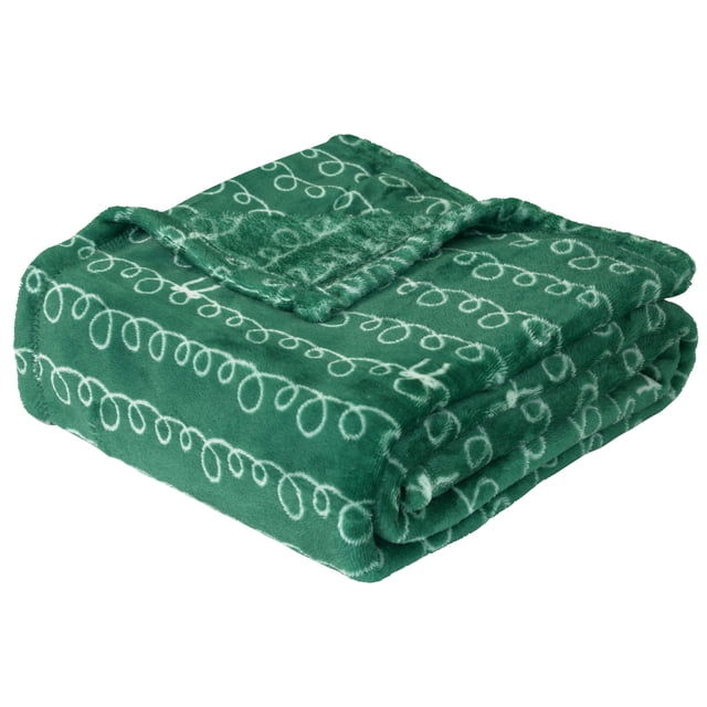 Holiday Time Soft Plush Throw folded, featuring green plush fabric with white looped swirl patterns, sized 50 by 60 inches, made of 75% polyester and 25% recycled polyester, providing cozy warmth and softness, machine washable for easy care, ideal for adding texture and comfort to home bedding.
