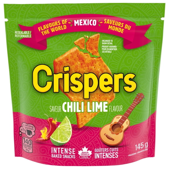 CRISPERS, craquelins à saveur de chili lime, collations salées, préparé au Canada