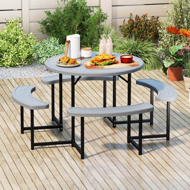 Costway Round Picnic Table Bench Set with 4 Benches Umbrella Hole All Weather Tabletop Gray