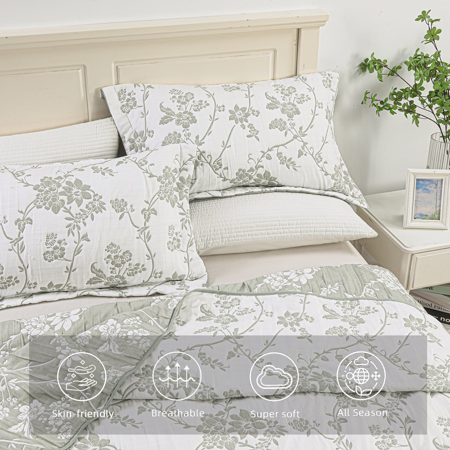 Couvre-lit brodé en jacquard Marina Decoration, parure de lit ultra douce, réversible, avec taies d'oreiller matelassées, motif floral vert