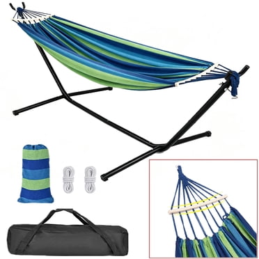 Hamac pour 2 Personnes avec Support en Acier Robuste de 9 Pi et Barre d'Écartement en Bois Franc, Capacité de 450 Lb, Étui de Transport Inclus pour Intérieur et Extérieur