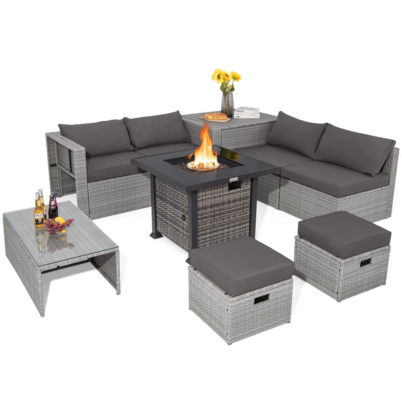 Patiojoy 9 Pieces Outdoor Patio Furniture Set with 32-Inch Propane Fire Pit Table Outdoor PE Wicker Space-Saving Sectional Sofa Set with Storage Box and Cushions Gray