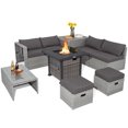 thumbnail image 1 of Patiojoy 9 Pieces Outdoor Patio Furniture Set with 32-Inch Propane Fire Pit Table Outdoor PE Wicker Space-Saving Sectional Sofa Set with Storage Box and Cushions Gray, 1 of 9