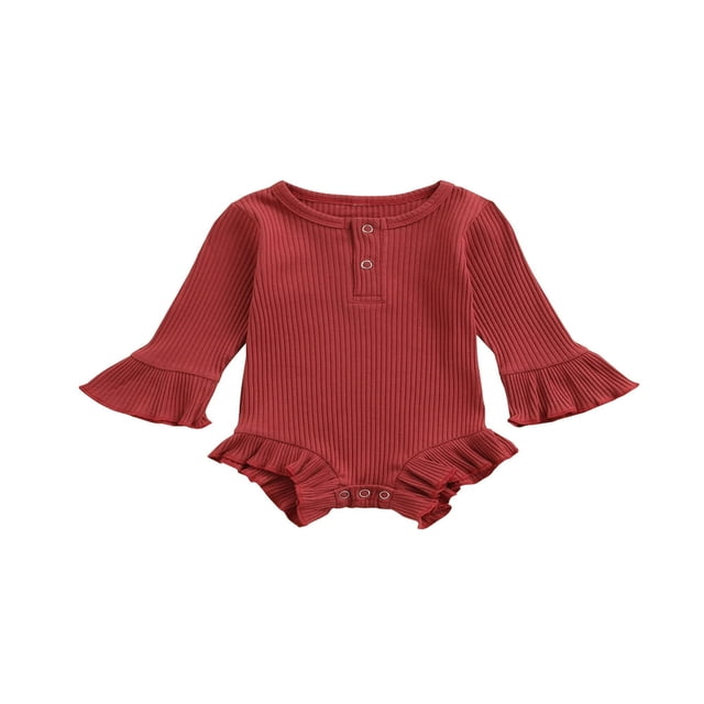 Baby Girl Knitted Ribbed Long Sleeve Ruffle Romper Bodysuit Onesie Tops