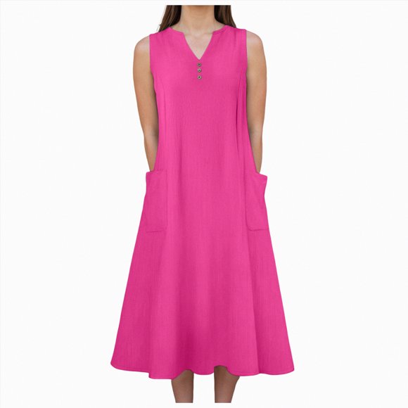 NIEWTR Womens Summer Casual Maxi Dress V Neck Ruffle Sleeve Long Dresses With Pocket Beach Vacation Sundress(Hot Pink,S)