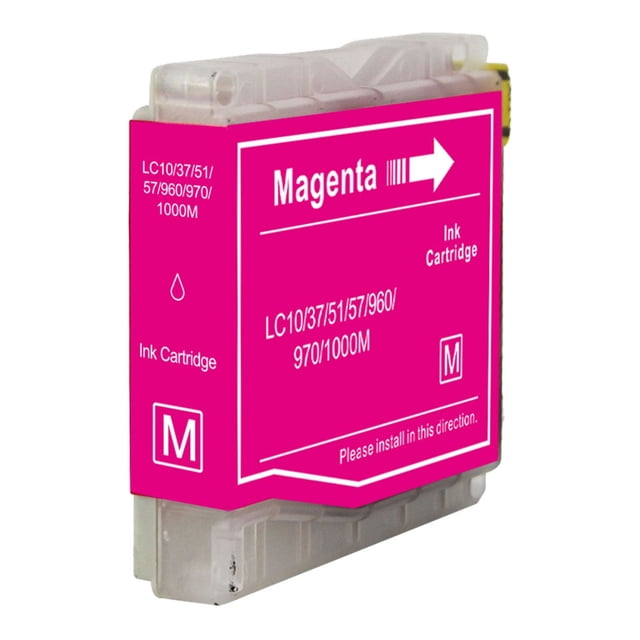 L-ink Compatible Ink LC51 Magenta cartridge with a translucent plastic body and bright magenta label displaying model numbers LC10/37/51/57/960/970/1000M and installation direction, designed as an economical magenta ink replacement for compatible printers in the printer toner and cartridges category.