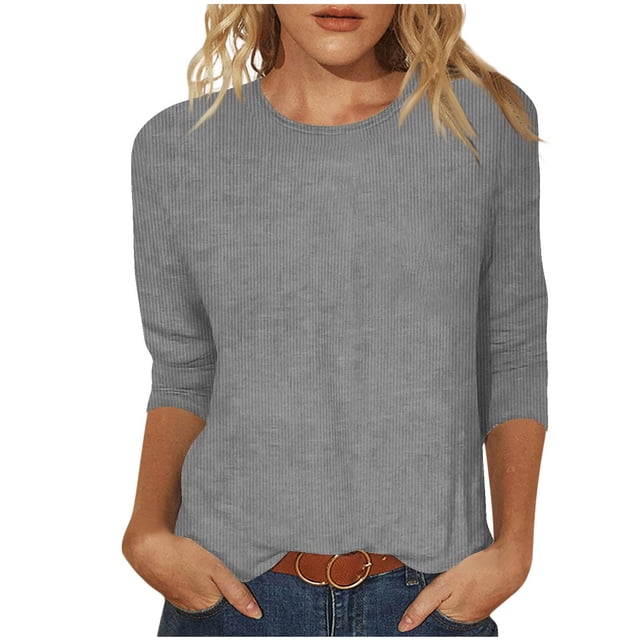 Penkiiy Hauts pour Femmes Manches 3/4 Col Rond Blouses Décontractées Amples 3TG Gris