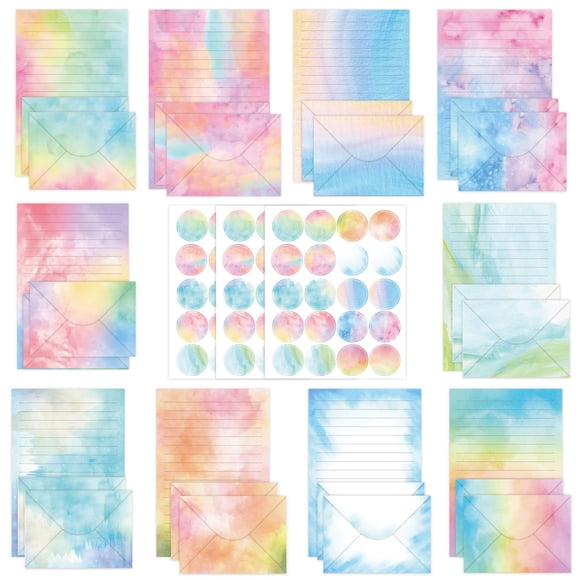 TopLLC Ensemble de Papier Stationnaire et d'Enveloppes, 50 Pcs Papiers d'Écriture de Papeterie Doublés avec 50 Enveloppes Assorties et 60 Autocollants, Papier d'Écriture à Lettres Impression Aquarelle Double Face 10 Styles (5.5"x8.25 Pouces)