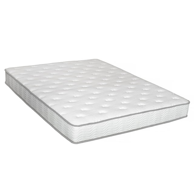 Primo Saturn 8-inch Pocket Spring Mattress king size with firm feel, shown in a 3/4 angled view. It features a white polyester knitted fabric cover with tufted top and grey piping edges, and a wave quilt pattern on the sides. Designed with individually wrapped coils for support and minimal motion transfer, premium foam layers, and a fire-resistant barrier. Ships rolled and compressed for easy delivery and setup, ideal for couples seeking compact coil support.