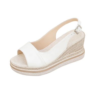 White Women'S Wedge Sandals Casual Comfortable Round Toe Open Toe Buckle Plus Size Pu Material Size 7 Us Foot Length 9.65 Inches
