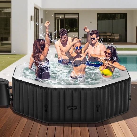 SLSY 190cm X 190cm X 63.5cm Octagonal Tub, 4-6 Person Inflatable Hot Tub, Portable Blow Up Bathtub Portable Outdoor Spa with 130 Bubble Jets and Heater Pump, Filter