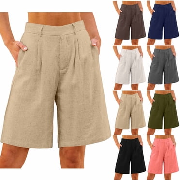 WRKEKC Womens Summer Shorts, Casual Shorts for Women, Women's Summer And Linen Solid Color Loose Straight Leg Pants With Pockets Side Slit Buttons Five Quarter Pants