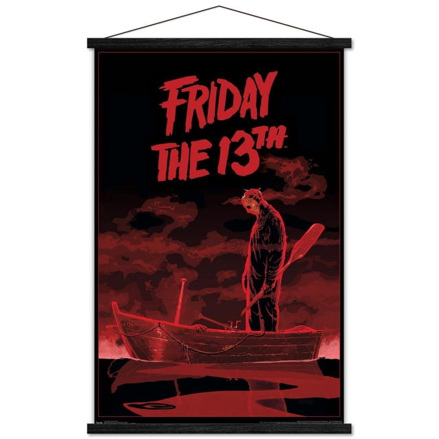 Friday The 13th - Boat Wall Poster, 22.375" x 34", depicts a masked figure standing in a wooden rowboat holding a paddle against a red and black cloudy sky. This glossy poster print suits home décor and themed party settings.