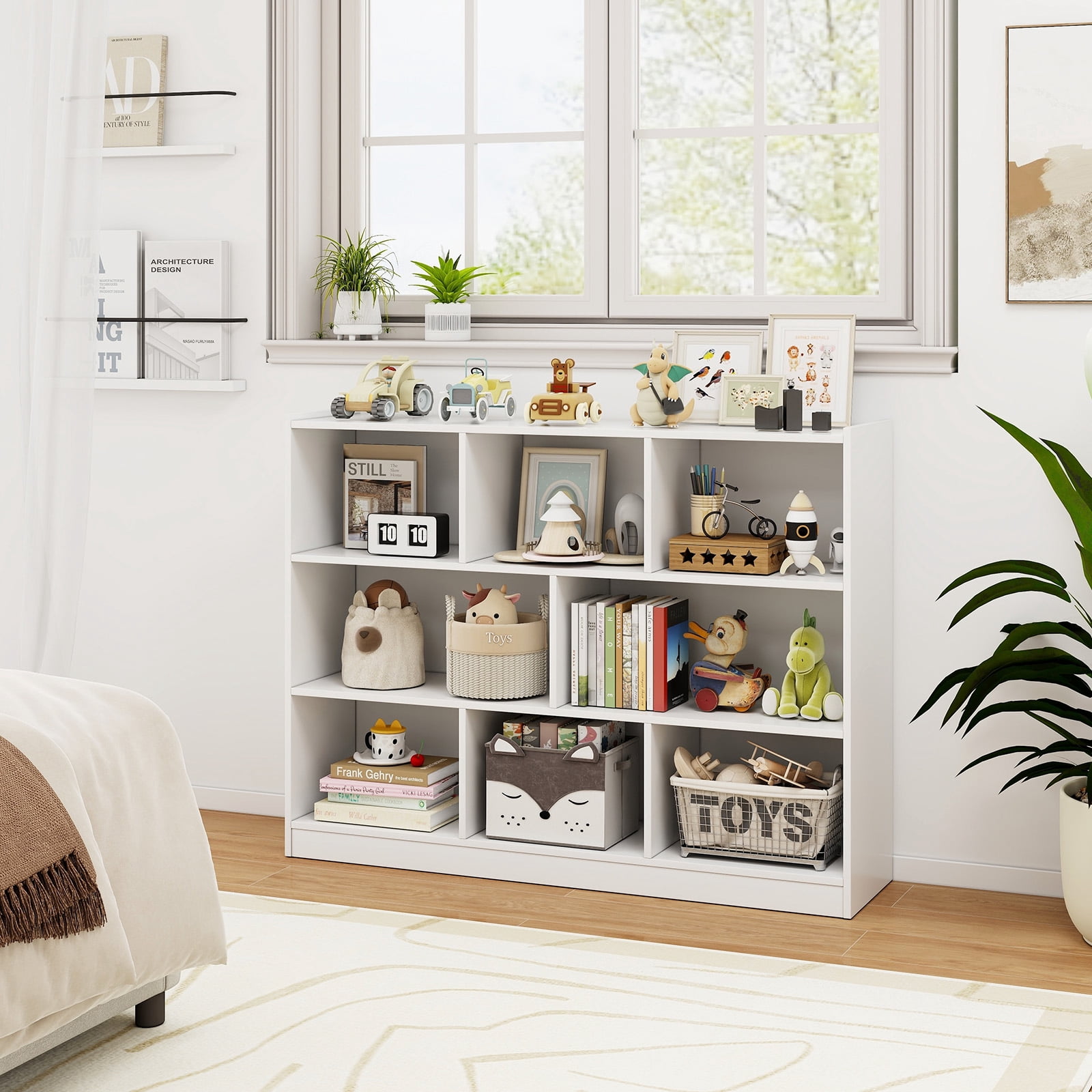 Giantex 8-Section Display Shelf Cabinet, Storage Organizer for Organizing Books & Toys, Open Wooden Daycare Kids Bookshelf, White