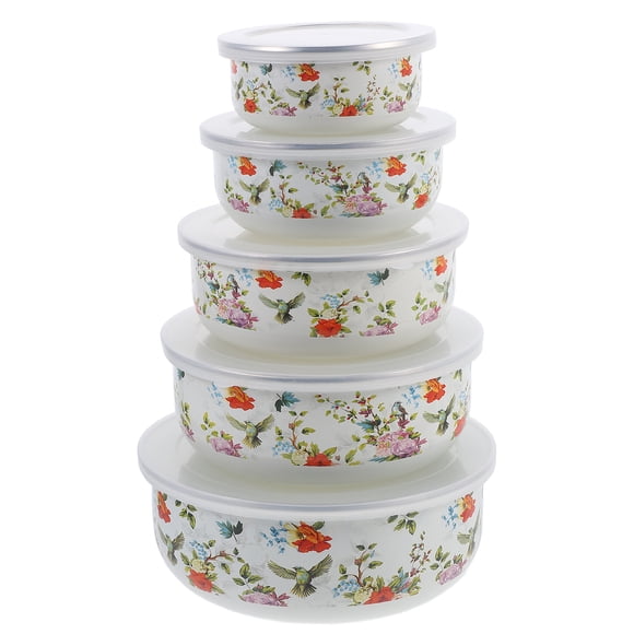Shisuyan 5Pcs Enamel Mixing Bowl Set Vintage Enamel Bowl with Lid Chinese Style Soup Bowls