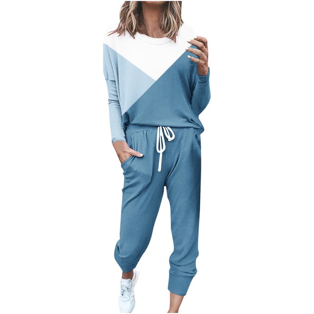 CHOK Womens Sport Set Long Sleeve Patchwork Color with Loose Cozy Petite Sweatpant Trendy Fall Winter Suits (X-Large Pink)