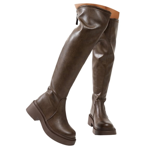 Platform Thigh High Boots for Women Fashion Leather Slim Fit Chunky Mid Heel over The Knee Tall Boots Fall Brown